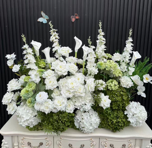 Personnalisez votre composition florale de 1M pour allée de mariage, avec lys Calla et hortensias à toucher réel, mélange vert et blanc, pour centre de table et décoration événementielle - Product Image 2