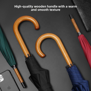 Parapluie droit personnalisé avec logo, 23 pouces, en matériau RPET, protection de l'environnement, ouverture automatique, poignée en bois courbée - Product Image 2