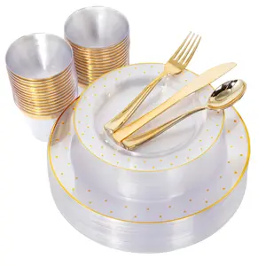 BST 7.5 10.25 Inch food grade clear plastic disposable plate with gold dot plastic silverware set for 25 Guests