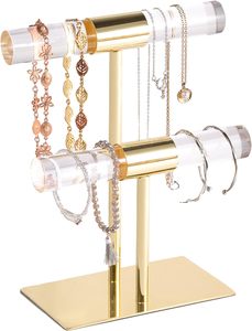 Exhibidor de Joyería, Soporte para Pulseras, Torre de Joyería Acrílica Transparente de 2 Niveles, Exhibidor de Mesa de Metal Dorado - Product Image 3