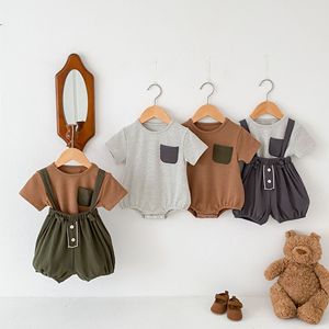 Angou INS Stile Coreano Set Estivo per Neonati e Bambini, Tutine a Righe in Cotone, T-Shirt Versatile con Tasche per Esterni - Product Image 2