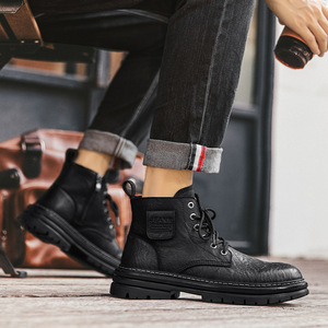 Bottes Martin pour hommes, hauteur cheville, bout rond, cuir pleine fleur, style combat, semelle extérieure en caoutchouc résistante à l'abrasion - Product Image 4