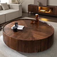 Table basse ronde moderne en bois de noyer avec base métallique, ensemble de tables d'appoint de luxe pour salon avec rangement