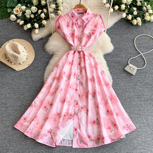 <span class=keywords><strong>Abito</strong></span> <span class=keywords><strong>Camicia</strong></span> Floreale da Donna a Maniche Corte con Cintura in Vita, Vestito <span class=keywords><strong>Midi</strong></span> a Trapezio con Bottoni Frontali, <span class=keywords><strong>Abito</strong></span> da Festa Rosa Primavera Estate - Product Image 1