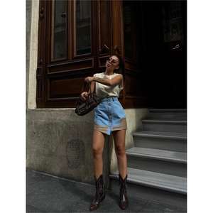 Autumn Cute Short Denim <b>Skirt</b> Distressed Washed Leather Trim Button Closure <b>Y2K</b> Vintage Style-Beige Midi Maxi Slit Waist - Product Image 2