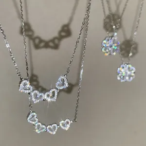 母亲节珠宝镀金可拆卸爱心锆石项链闪亮钻石磁性四心项链