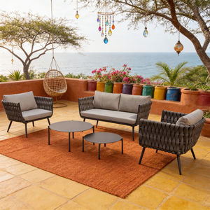 Conjunto de Sofás de Exterior Tejidos Estilo Bohemio Costero de 6 Piezas con Mesas de Centro Redondas Dobles y Cojines con Colores Personalizables para Villa de Playa - Product Image 2