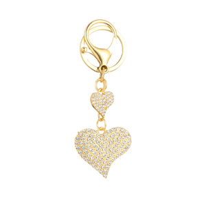 Porte-clés mousqueton en alliage de zinc doré avec double pendentif cœur 3D en strass, style dessin animé tendance, pour sac/clés - Product Image 1