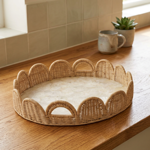 Panier de rangement en rotin tressé à la main, style bohème, à un seul niveau, à bord festonné, finition polie, organisateur naturel sur pied pour salon - Product Image 4