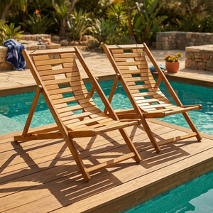 Chaise longue d'extérieur moderne en teck, pliable et inclinable, avec lattes, pour jardin, terrasse et piscine - Product Image 1