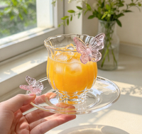 Ensemble tasse et soucoupe en verre borosilicate rose papillon, à nervures verticales, résistant à la chaleur, transparent, pour la maison