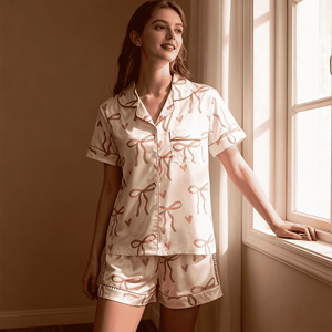 Pigiama Casual da Donna <span class=keywords><strong>MOJO</strong></span> con Stampa a Fiocco, Top a Maniche Corte, Pantaloni con Logo Frontale, Lavabile a Mano, Traspirante, Vita Elastica, Estivo - Product Image 6