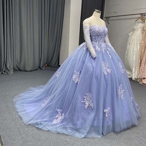 Robe de Quinceañera élégante bleu pétrole Lsany275, col cœur, avec appliques florales scintillantes, robe de bal avec traîne Jancember - Product Image 3