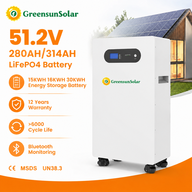 51.2V 16KWh LiFePO4 Solar Battery Pack 314Ah Lithium Ion Energy Storage Battery Bluetooth APP Monitoring for Home System