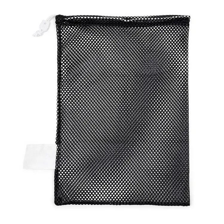 Özel örgü spor ekipmanı çanta büyük siyah polyester dayanıklı naylon torbalar sürgülü İpli kordon kilidi kapatma