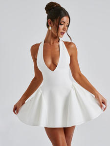 Avrupa amerikan yaz koleksiyonu yeni Backless bel zayıflama rahat elbise derin V asılı boyun seksi katı desen düştü - Product Image 4