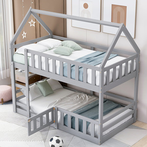 เตียงสองชั้นรูปทรงบ้านสีเทาสำหรับเด็กพร้อมราวกั้น เฟอร์นิเจอร์ห้องนอน ขนาดเตียงคู่ - Product Image 1