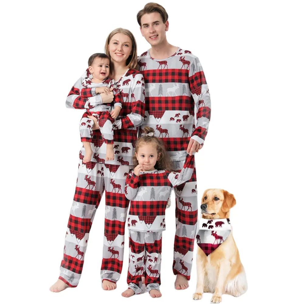 Nette Familien Nachtwäsche Baby Jungen Mädchen Frauen Männer Haustier Lounge wear Langarm Polyester Wildtier gedruckt Weihnachts pyjamas Set