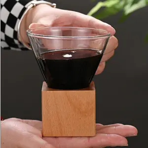 Tasse à café en verre Latte en forme de cône de 200ml et soucoupe à base en bois