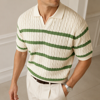 Pull en maille torsadée rayée personnalisé OEM pour homme, col en V, manches courtes, style décontracté, respirant, style preppy, printemps
