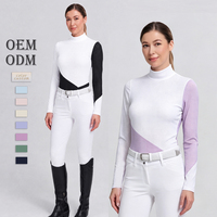 Chemise d'équitation à manches longues, col montant, empiècement contrastant diagonal, maille perforée, coupe ajustée, couleur personnalisable, respirante et extensible