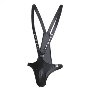 Lencería Sexy para hombre, monos, cinturón de castidad, SM, Bondage sexual, jaula de pájaros, pantalones con correa para el hombro de cuero Pu, chaqueta de fuerza para hombre