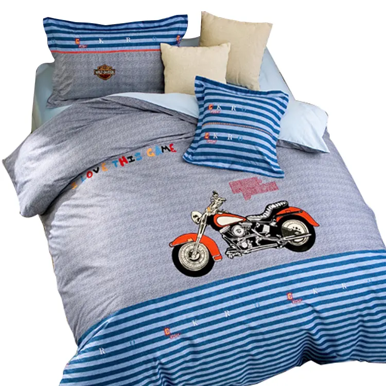 Motosiklet işlemeli % 100% pamuk çocuklar karikatür nevresim takımı fabrika doğrudan toptan çarşaf seti yorgan yatak örtüsü seti