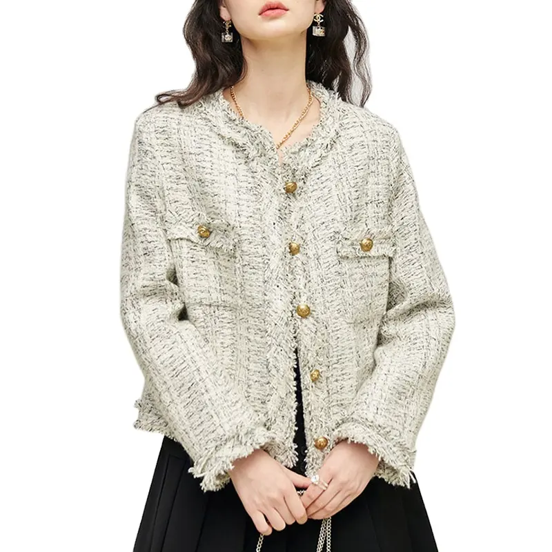 봄 가을 우아한 블레이저 재킷 사용자 정의 럭셔리 여성 O 넥 트위드 울 코트