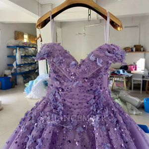 Robe de soirée longue en organza violet, style robe de bal, avec traîne chapelle, broderies florales appliquées, perles et dentelle de cristal Lsany24 - Product Image 6