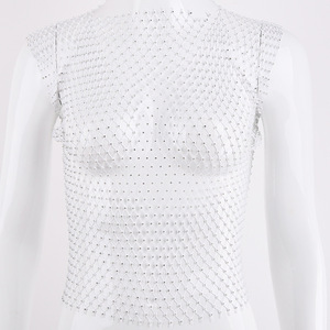 Top de malla transparente estilo europeo-americano para verano, cuello redondo, sin mangas, con pedrería, para discoteca, citas y fiestas. - Product Image 3