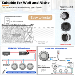 Водонепроницаемый светодиодный светильник для бассейна PAR56 12В, IP68, из нержавеющей стали, с дистанционным управлением, многоцветный RGB, встраиваемый, для подводного освещения - Product Image 4