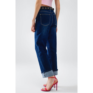 Jean droit en denim bleu foncé avec ourlet replié - Product Image 2