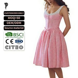 Vestido Midi Elegante a Cuadros para Mujer, Vestido de Verano con Tirantes Finos, Cintura Alta, Corte en A, Casual, OEM Personalizado - Product Image 1