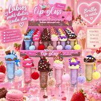 M'lundo Cute Dessert Keychain Lip Gloss 3 Series Ice Cream Popsicle Cake Design Moisturizing Shiny Lip Gloss 24Pcs Display Box