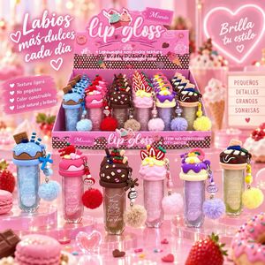 M'lundo Cute Dessert Keychain Lip <span class=keywords><strong>Gloss</strong></span> 3 Series Ice Cream Popsicle Cake Design Moisturizing Shiny Lip <span class=keywords><strong>Gloss</strong></span> 24Pcs Display Box - Product Image 1