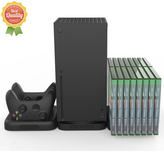 XS07 Fridge Cooling Fan Vertical Stand with 2 Controller Charging Dock Station for Xbox Series X S Console Game Disk Holder