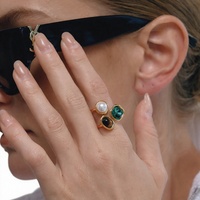 Manqiu Stainless Steel Ring Niche Sophisticated Design Tiger's Eye Zircon Mother-of-Pearl Natural Stones 18K Gold PVD Ring