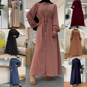 6289#Women Long Dress New Fashion Muslim Solid Color Full Sleeve Button Down Slim High Waist New Dress - Product Image 5
