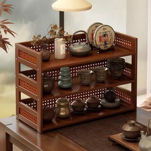 Desktop Shelf <b>3</b> Tier Small Wood Storage Rack For Tea Set And Purple Clay Teapot Display On Office Desk - Product Image 1