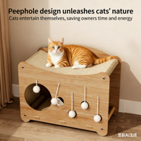 Arbre à chat surélevé moderne et durable à 2 niveaux avec poteaux à gratter en sisal, lit en bois massif, griffoir d'intérieur et jouets suspendus, emballage en carton