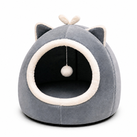 Lit pour chat type yourte douillet, en peluche semi-fermé, avec oreilles mignonnes et jouet boule suspendu, pour chats d'intérieur, en fausse fourrure chaude, ouverture ronde