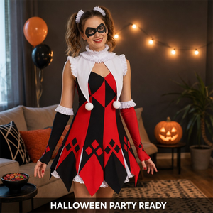 Costume de cosplay style Harlequin pour femme, robe <span class=keywords><strong>à</strong></span> imprimé diamant 5 pièces avec gants <span class=keywords><strong>à</strong></span> volants et ensemble d'élastiques pour cheveux - Product Image 4