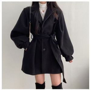 Manteau décontracté pour femme automne-hiver, style coréen, col tailleur, manches bouffantes, couleur unie, boutonné, coupe ajustée et ample, avec ceinture - Product Image 3