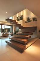Escalier flottant moderne en acier et bois pour villa intérieure avec garde-corps en verre, sûr et durable