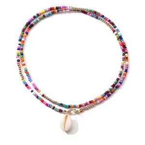 New Bohemian style colorful rice bead necklace for women creative colorful shell double clavicle chain