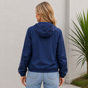 Veste coupe-vent à capuche rayée bleu marine pour <span class=keywords><strong>femme</strong></span>, légère et décontractée, avec fermeture éclair, idéale pour l'extérieur, vente en gros - Product Image 3