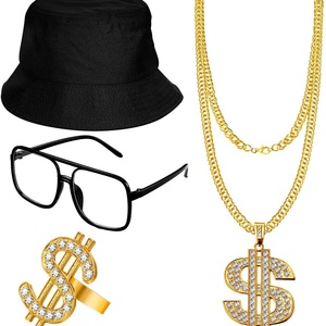 Kit Costume Hip Hop Anni '80 '90 Occhiali da Sole con Catena Metallica Collana e Bracciale con Catena Grande Stile Rapper Cappello Dorato Hip Hop - Product Image 2
