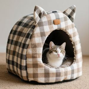 Kandang hewan peliharaan silinder pola cetak kucing hitam cantik sarang anjing kucing hewan peliharaan lembut hangat untuk istirahat hewan peliharaan tidur dan bermain sarang kucing - Product Image 3