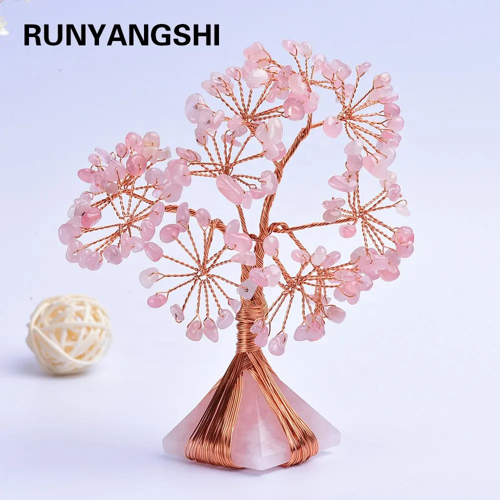 Home Decor Rosenquarz Kristall Stein pyramide Glück Glück Geld rosa dekorativen Draht Kristall baum