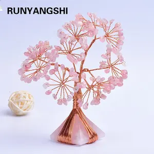 Home Decor rose quartz crystal stone pyramid Lucky fortune money pink decorative wire crystal tree